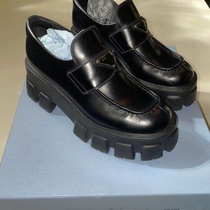 Prada Brushed Leather Monolith Loafers (Lug Sole) Size 39! + Box and Dust Bags!